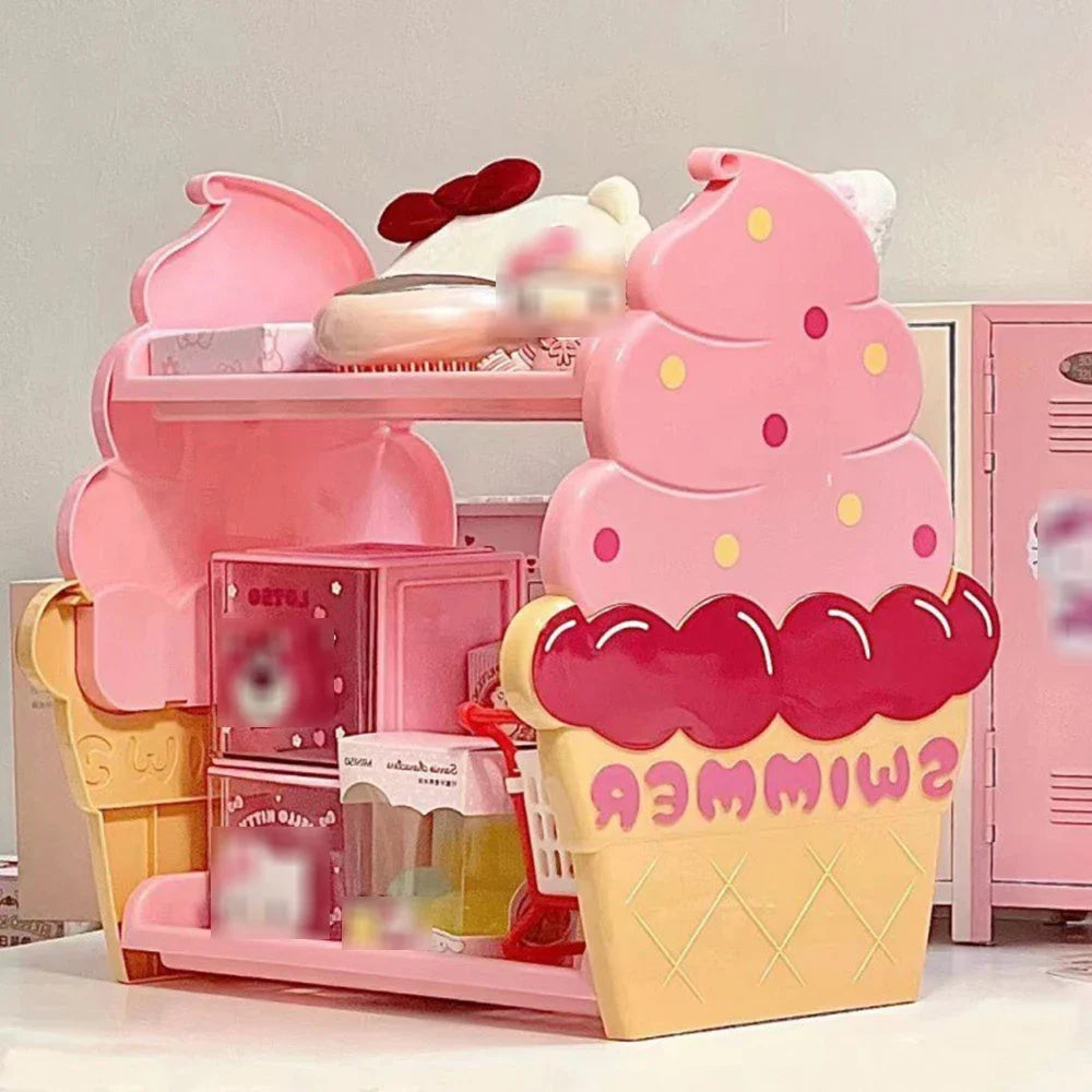 Ice Cream Double Layers Split Organiser Girls Heart Shaped Cosmetic Organiser Pink Cute Doll Jewellery Holder Student Dorm Room