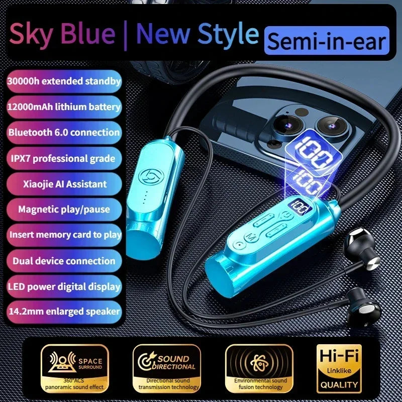 12000mAh Bluetooth Earphones: Dual Connect & Magnetic Pause Feature