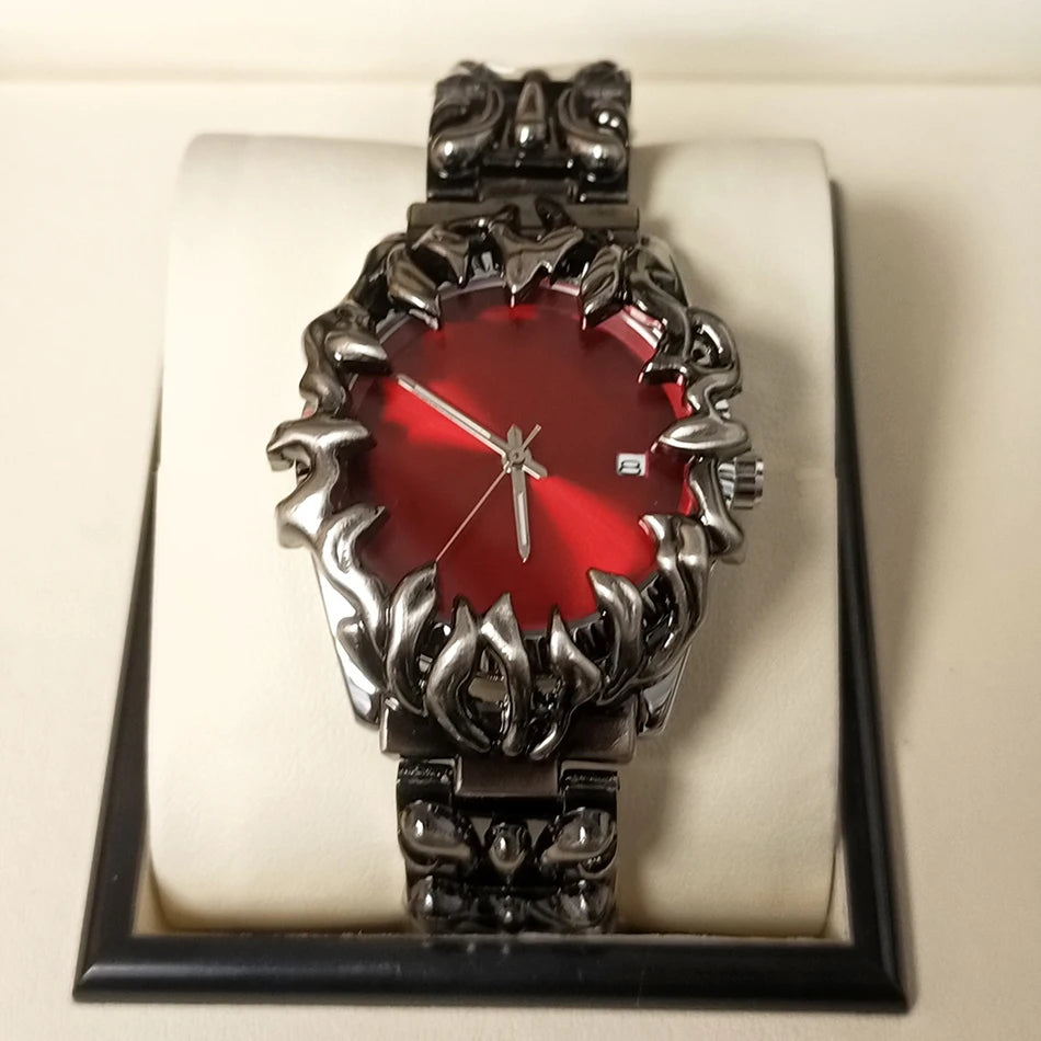 Men's Vintage Flame Design Alloy Watch Punk Quartz Wristwatch with Date for Men Unique Dragon Style Casual Waterproof Clock