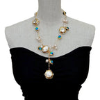 YYGEM hot sale ! Blue Murano Glass 10-11mm  Freshwater Cultured 27mm White Keshi Pearl Gold Filled Chain Necklace 21"