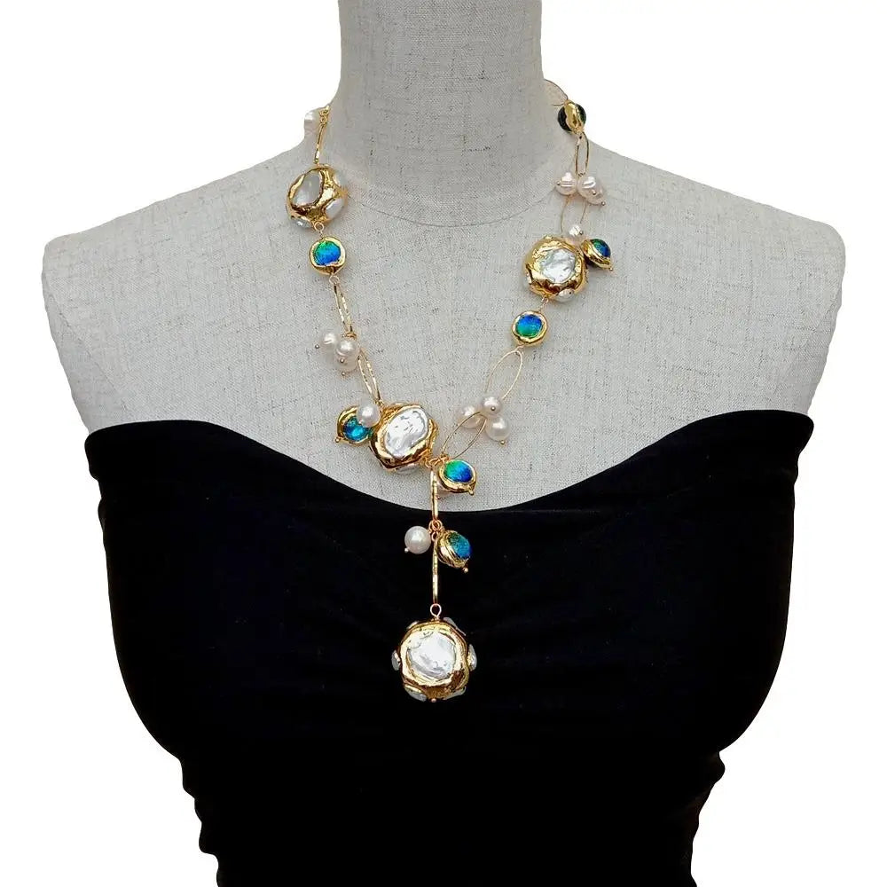YYGEM hot sale ! Blue Murano Glass 10-11mm  Freshwater Cultured 27mm White Keshi Pearl Gold Filled Chain Necklace 21"