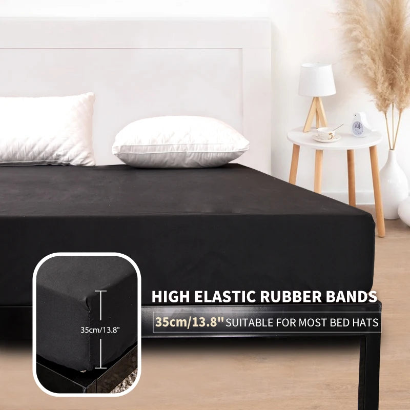 Waterproof Mattress Protector Cover Queen Size 14 inches Deep Pocket Polyester Bed Cover Solid Color Fitted Sheet (Black, Queen)