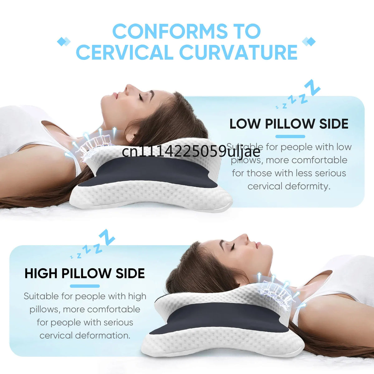 Adjustable Cervical Memory Foam Pillow for Neck Pain Relief, Ice Silk Pillowcase, Back/Side