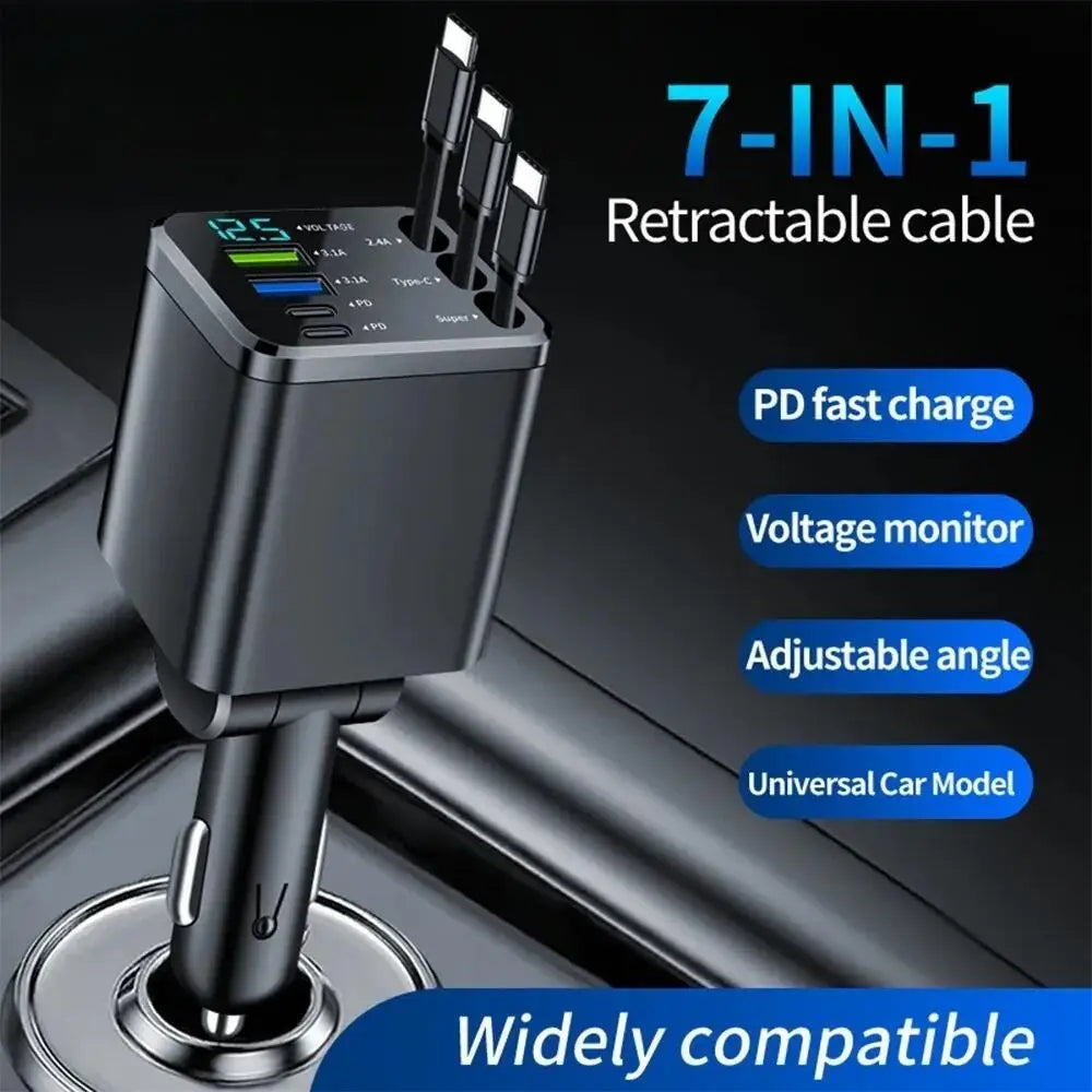 7 in 1 Retractable USB Car Charger Fast Charging Car Phone Charger For iPhone Samsung Xiaomi Type C Digital Display Car Charger
