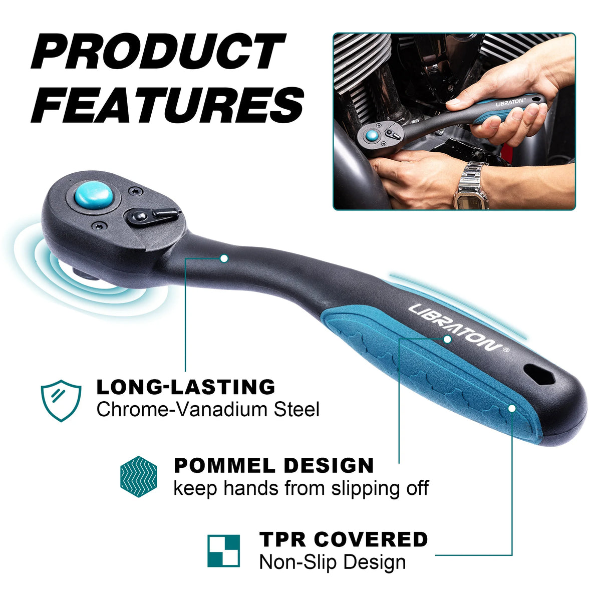 Ratchet Set 3PCS 1/4" 3/8"1/2" Ratchet Handle with Teardrop Head Quick-Release Ratchet Set with Comfort Grip 72 Teeth Wrench
