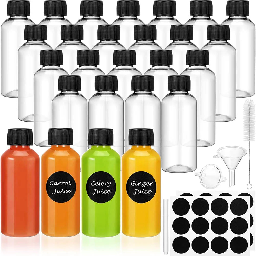 16 Pack 2oz Mini Reusable Plastic Ginger Shots Bottles Leakproof Juice Shot Bottles with Lids for Juice, Oil and Liquid Samples