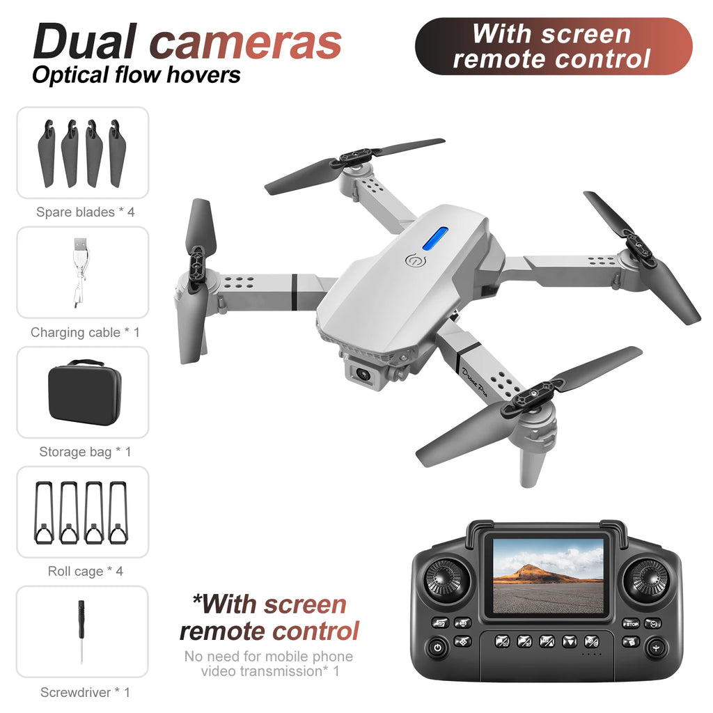 New E88 E99 Drone Remote Control with Screen Dual Camera Optical Flow Localization 2.4G RC Quadcopter One-button Take-off Drones