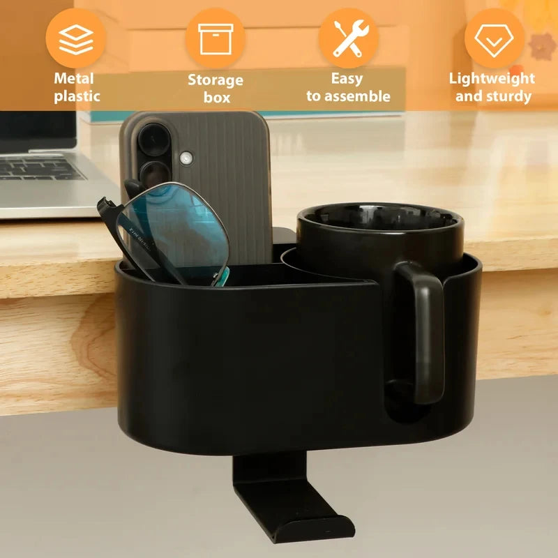 4-in-1 Clip-On Desk Cup Holder with Headphone Hanger, Adjustable Black