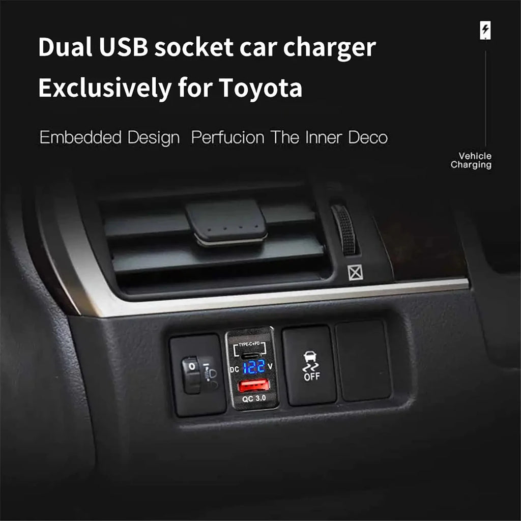 USB Car Charger Socket Quick Charge 3.0 & PD USB C Port Power Outlet Adapter for 12V/24V Toyota Vehicles