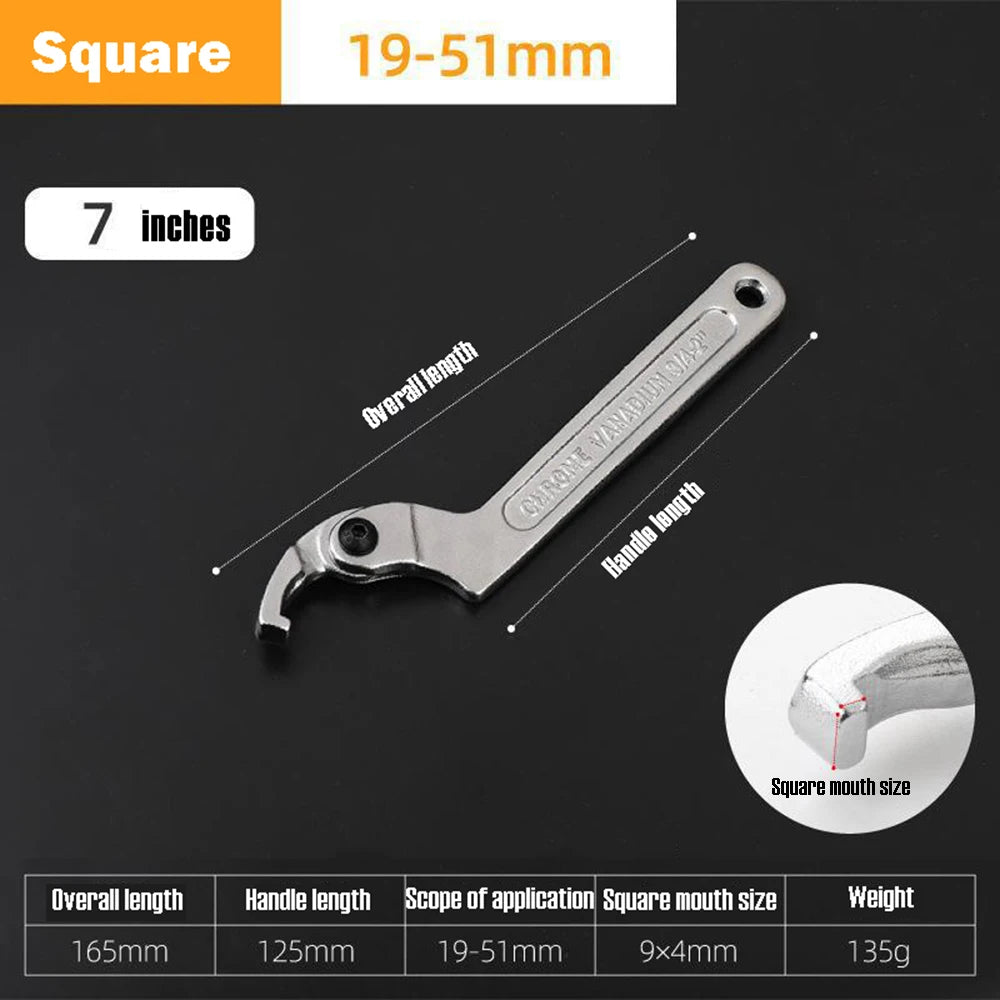Adjustable Wrench Hook 19-51/32-76/51-120mm Hand Tools Spanner Square/Round Head CR-V Spanner Key for Round Bolt Hand Tools
