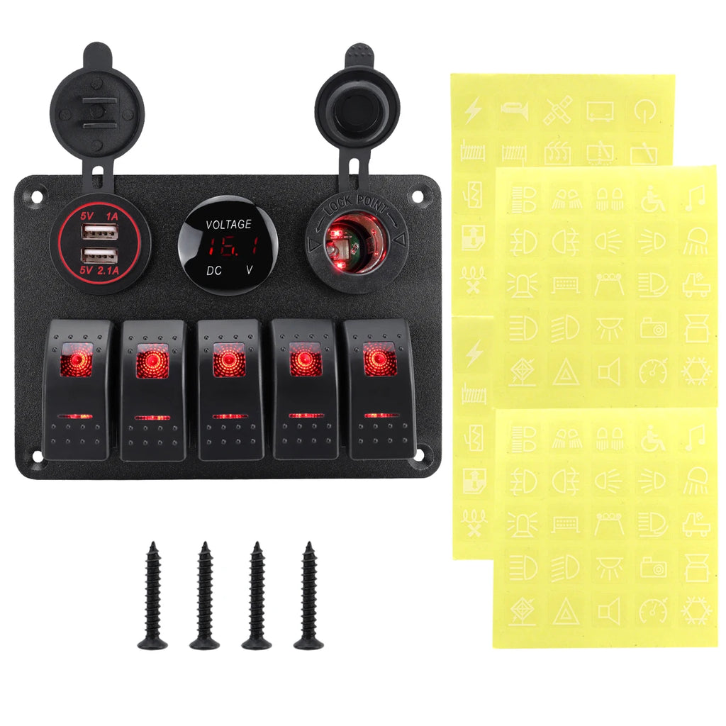 5 sets of rocker switch panels, 12-24V, with dual USB socket 4.2A+voltmeter LED light and cigarette lighter.