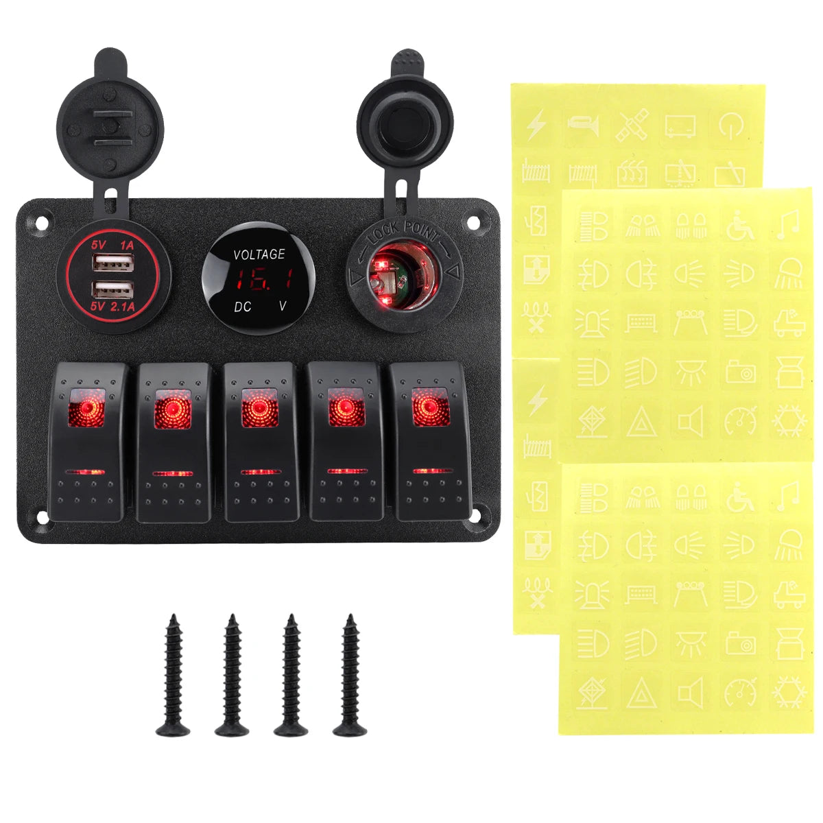 5 sets of rocker switch panels, 12-24V, with dual USB socket 4.2A+voltmeter LED light and cigarette lighter.