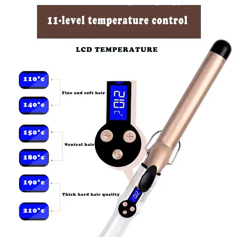 Temperature Setting Electric Hair Curler Straightener Long Curling Tong Wand 9-38mm Professional Hair Curling Iron LCD Screen