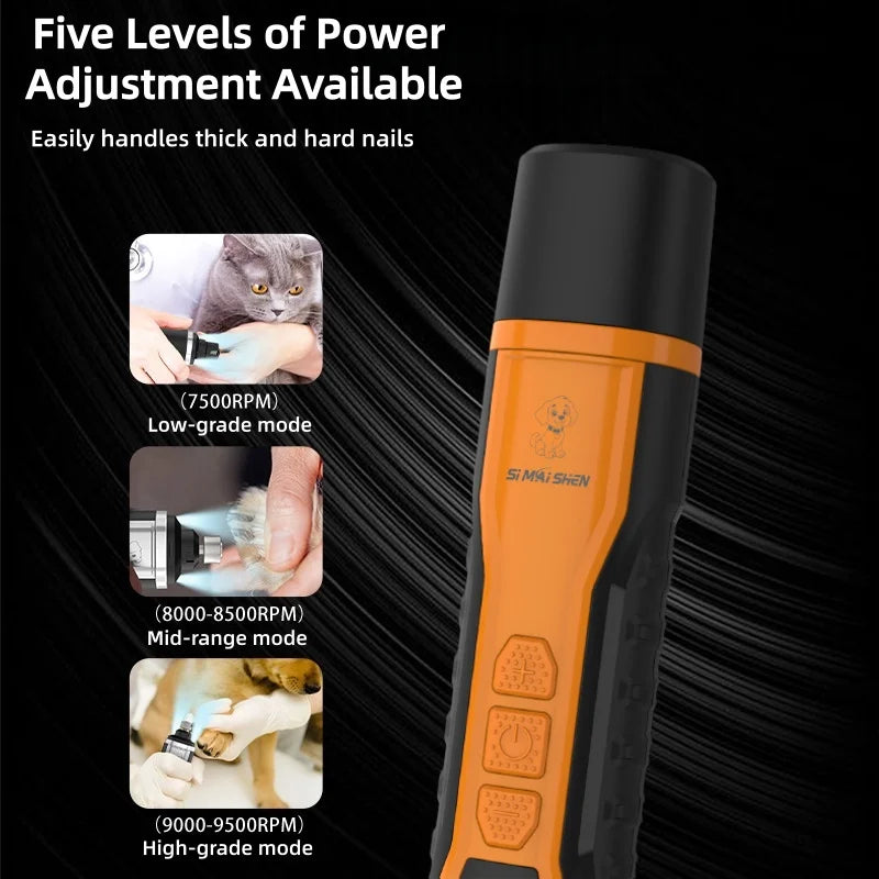 Rechargeable pet nail grinder with LED light, 5-speed electric dog & cat claw trimmer set