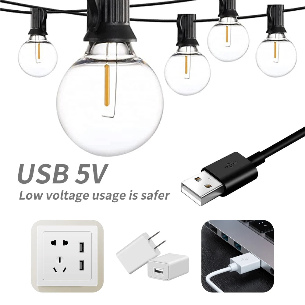 30m 15m 7.6m USB LED Lights 5V 1W G40 Plastic Bulb Outdoor Waterproof Tent Fairy Patio Festoon String Light Wedding Decor
