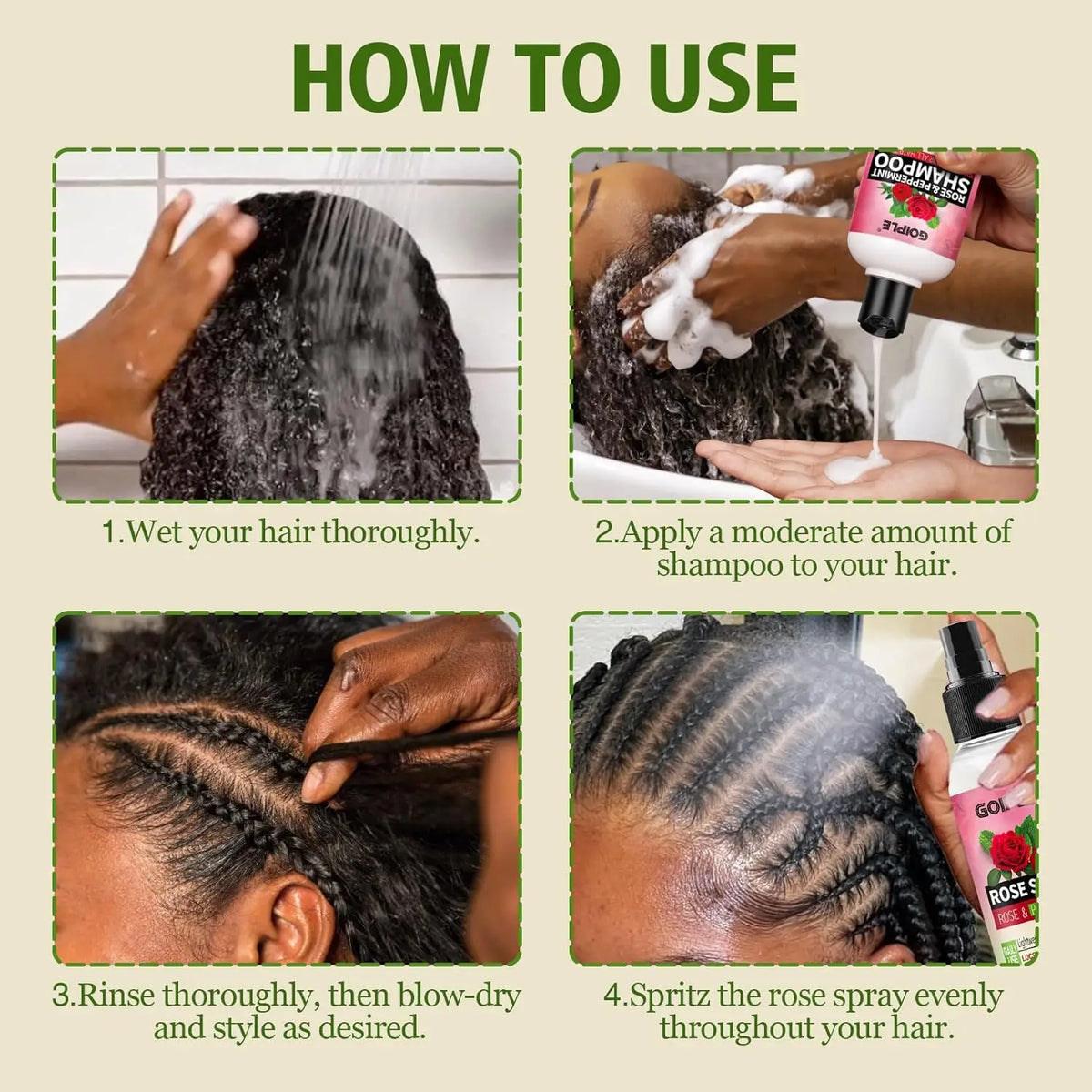 GOIPLE 2-in-1 Rose & Peppermint Shampoo + Rose Spray Set for Locs Dreadlocks Twists, 12.17oz + 3.4oz