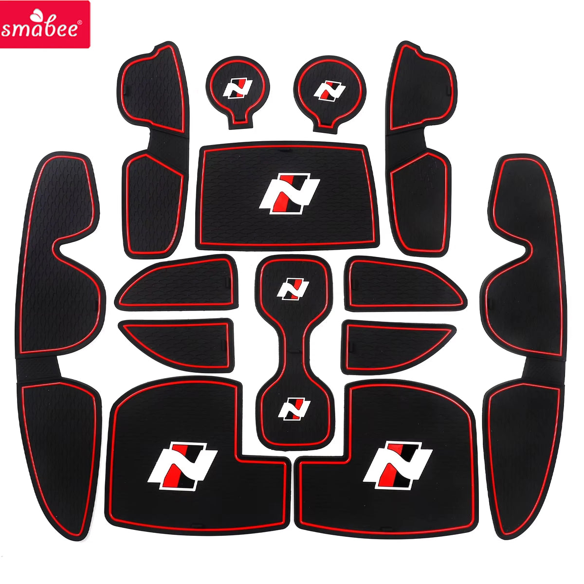Smabee Anti-Slip Cup Holder Door Slot Mat Set for Hyundai i30 N 2017-2022 Red