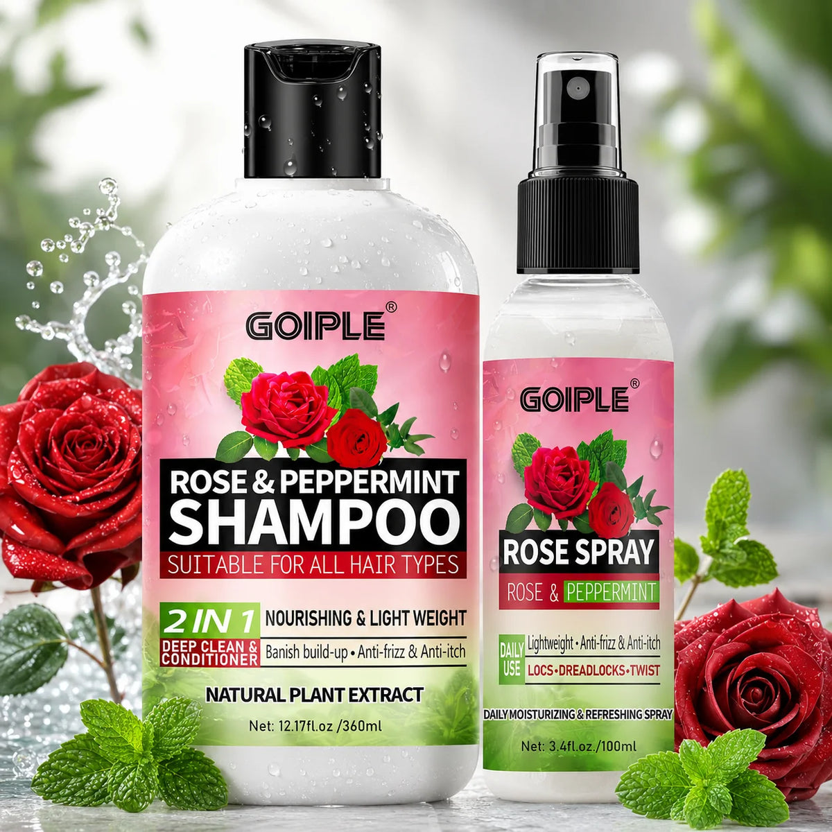 GOIPLE 2-in-1 Rose & Peppermint Shampoo + Rose Spray Set for Locs Dreadlocks Twists, 12.17oz + 3.4oz