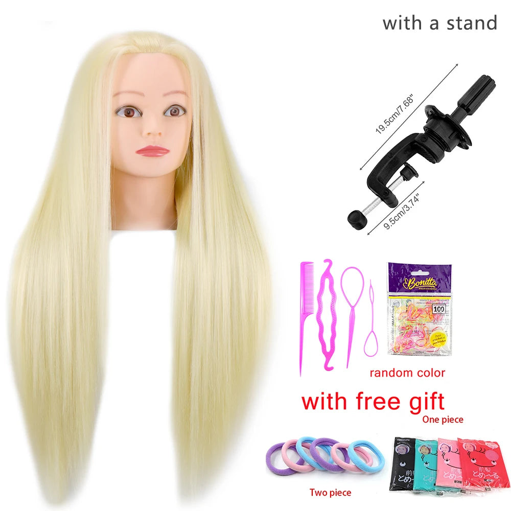 Mannequin Head 100% Synthetic Hair Hairdresser Training Head With Tripod Manikin Cosmetology Doll Head For Braiding Styling