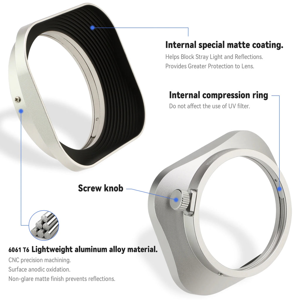Haoge 39/43/46/49/52mm Square Metal Lens Hood for Fujifilm Leica Canon Nikon Sony Olympus Panasonic Zeiss Voigtlander Lens