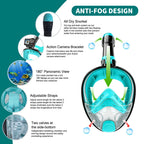 Full Face Snorkel Mask for Adults & Teens, 180° Panoramic View Snorkeling Gear with Removable Camera Mount, Anti-Fog Leak-Proof