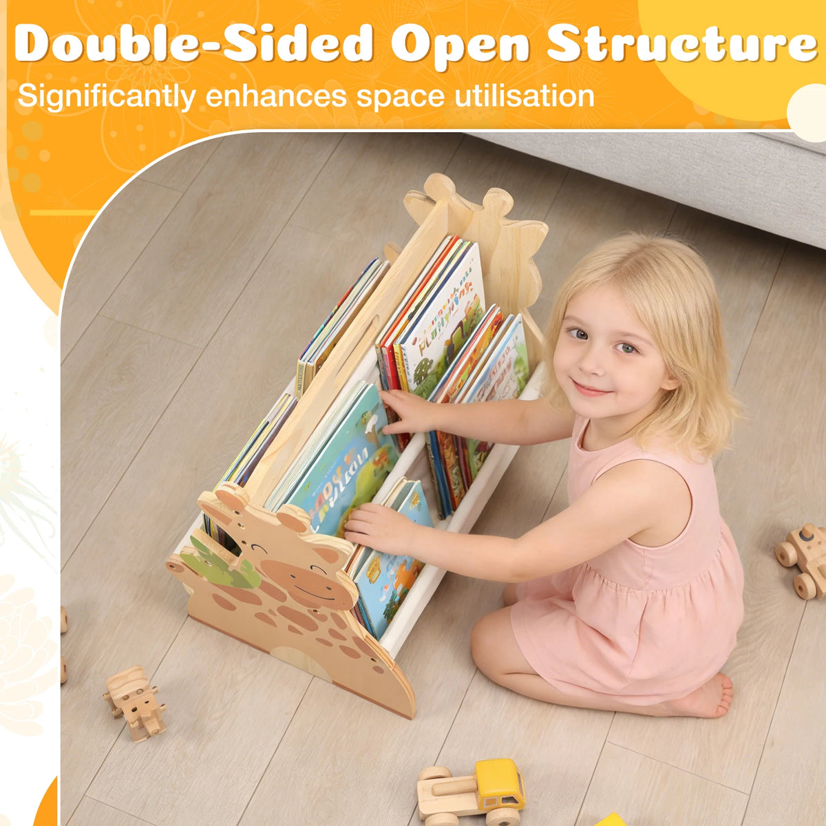2-Tier Montessori Baby Bookshelf Double-Sided Wooden Book Rack Storage, 1pc
