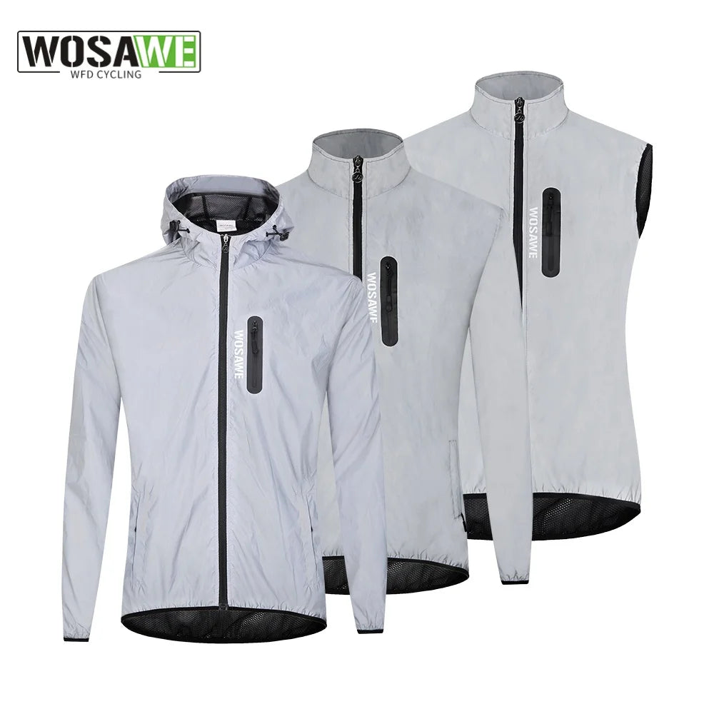 WOSAWE Full Reflective Jacket with Hoodie High Visibility Waterproof Wind Breaker Men Women Hiking Cycling Running Safety Vest