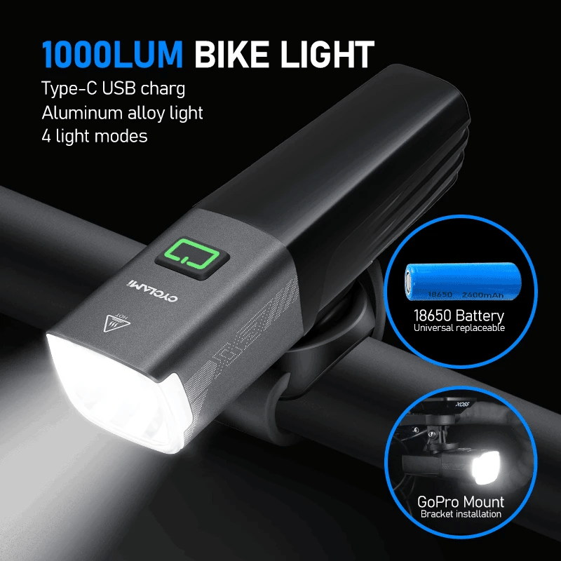 CYCLAMI X7 Lights Smart Headlights  USB Rechargeable Road Mountain Bike Front light 1000 Lum Replaceable Battery Gopro Mountable
