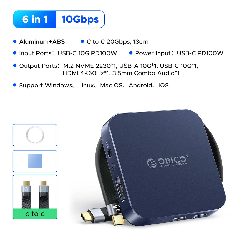 ORICO Magnetic M.2 2230 NVMe SSD Enclosure USB-C 10Gbps, HDMI 4K60, SD/TF, 100W PD