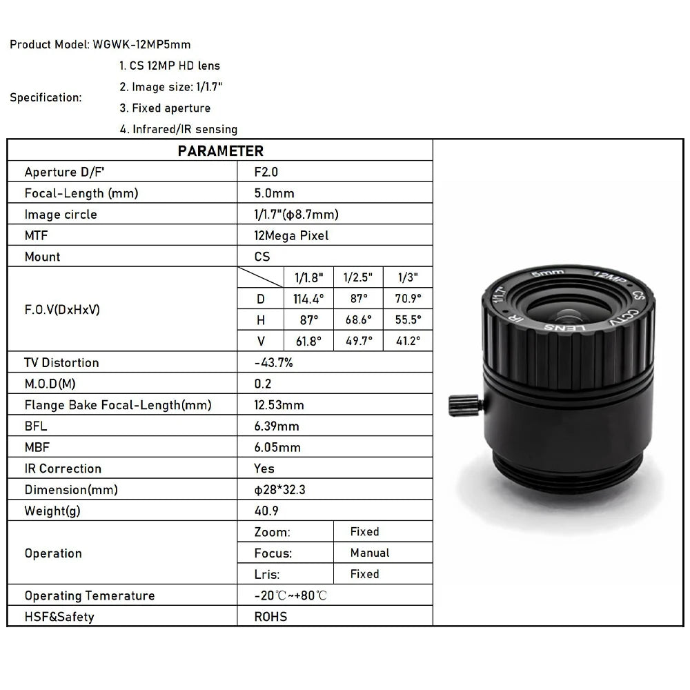 WGWK 4K 12MP CS Mount CCTV Lens 1/1.8" Format Manual Iris 5-50mm Industrial Zoom Lens For Machine Vision Surveillance IP Camera