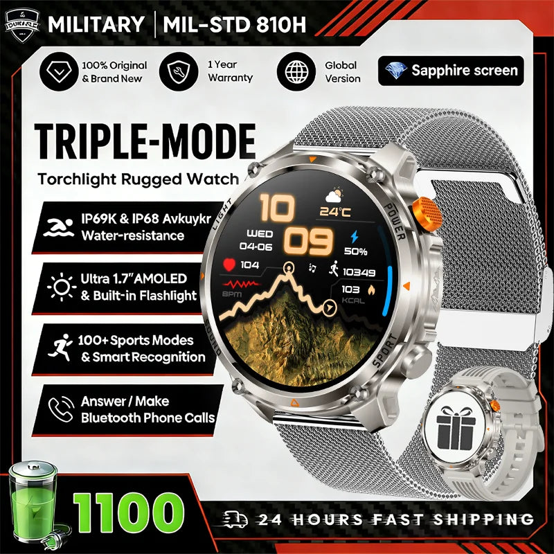 2026 New Fashion Luxury 1100mAh Battery 1.7-inch HD Screen Compass Wireless Call Flashlight 100+Sports Outdoor Sports smart