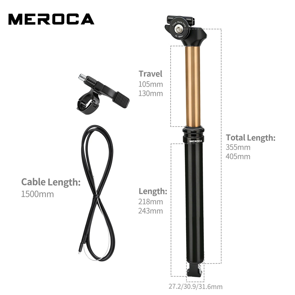 MEROCA Wire-Controlled Dropper Seatpost 405mm, 27.2/30.9/31.6mm, Black Gold Aluminum
