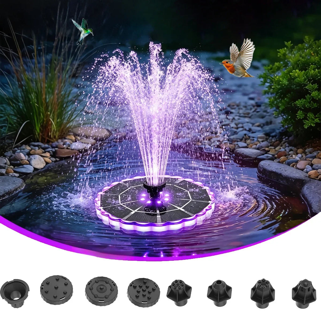 Solar powered floating fountain pump with RGB LED lights, white plastic, multi nozzle