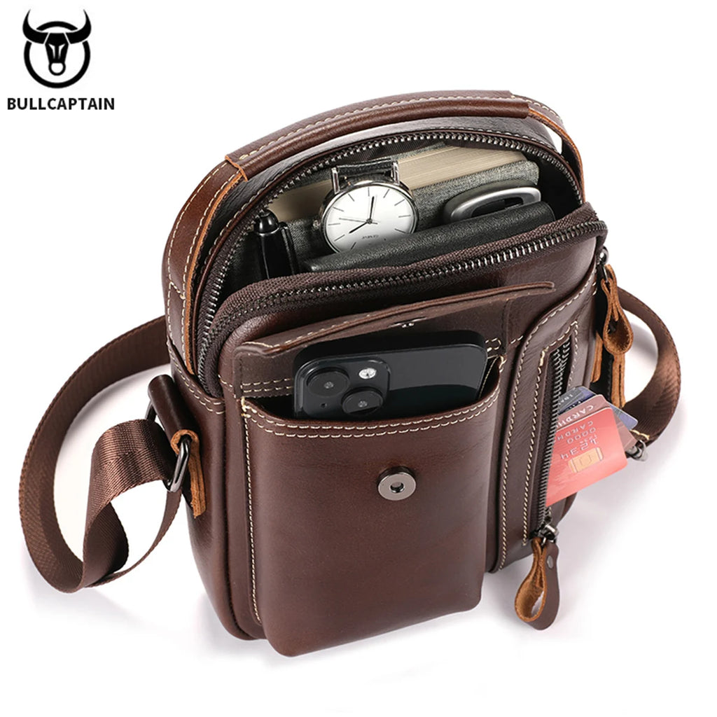 BULLCAPTAIN Casual Fashion Men's Messenger Bag's Business Portable Handbag Man Leather Shoulder Bag Mobile 6.5'' Phone Bags