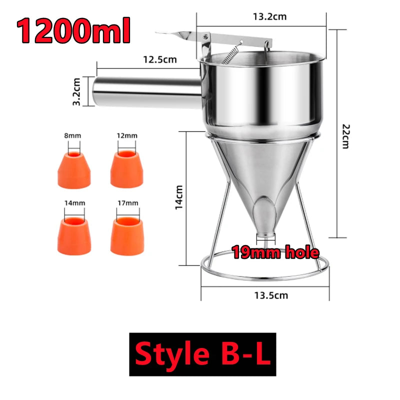 1200/600ml Stainless Steel Funnel Dispenser with Rack Cupcake Pancake Batter Maker Octopus Fish Ball Home Kitchen Baking Tools