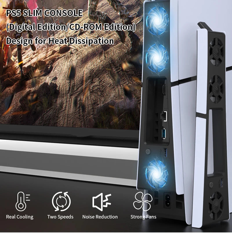 Gaming Cooler Fan Efficient Cooling System with LED Light Noise Reduction for PS5 Slim Cooling Fan Disc and Digital Console