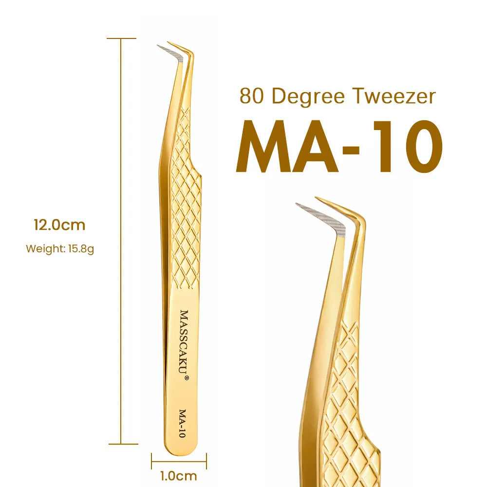 MASSCAKU Fiber Tip Eyelash Extension Tweezers Gold Stainless Steel Lash Pickup Tool
