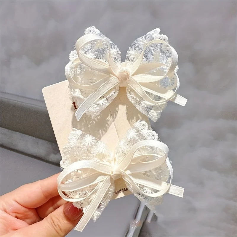 2Pcs Elegant Lace Bow Hairpins Women Fashion Red Ribbon White Floral Design Travel Casual Hair Accessory Elegant Hair Clip