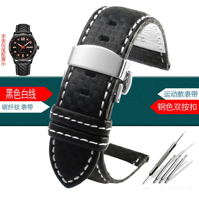 Carbon Fiber Pattern Leather Watch Strap 18mm 20mm 21mm 22mm 23mm 24mm Black Red Orange Stitching Watchband Bracelet Wristband