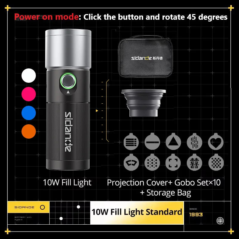 SIDANDE PHOTOOLEX 10W Flashlight Four Color Projection Light Built-in 8400mAh Rechargeable Battery For 4 hours Full-power output