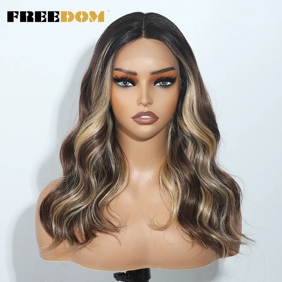 FREEDOM Synthetic Lace Front Wigs For Women 20 inch Short Bob Curly Natural Wavy Wig Ombre Blonde Brown White Wig Cosplay Wig