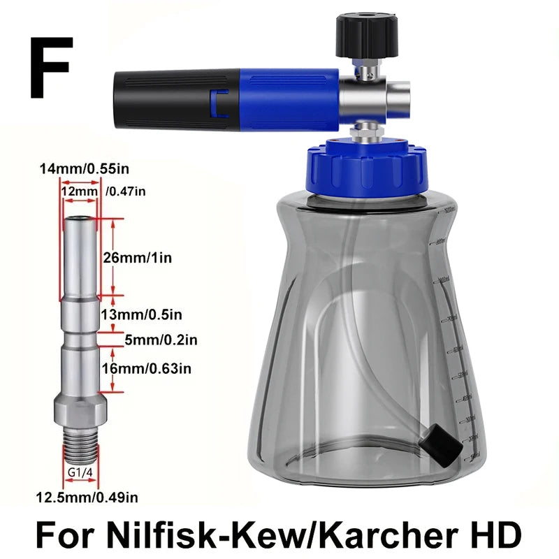 Stylish blue-black foam cannon, 1/4" quick-connect fitting, leak-proof lid air valve, for Karcher Elitech Bort AR Bosch