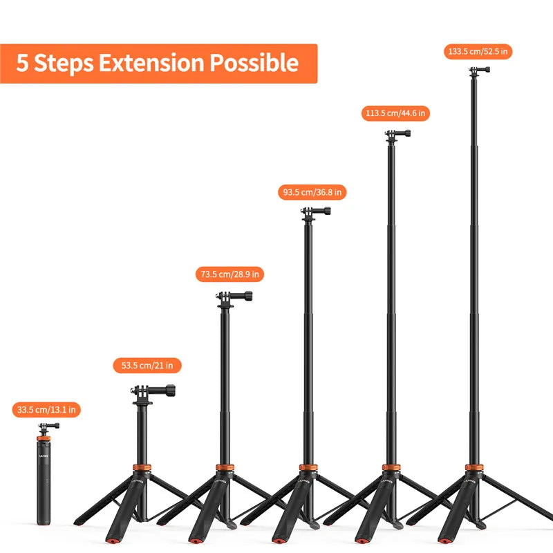 Aluminum extendable selfie stick tripod for GoPro Hero 13/12/11, Insta360 X4/X3, Osmo Action