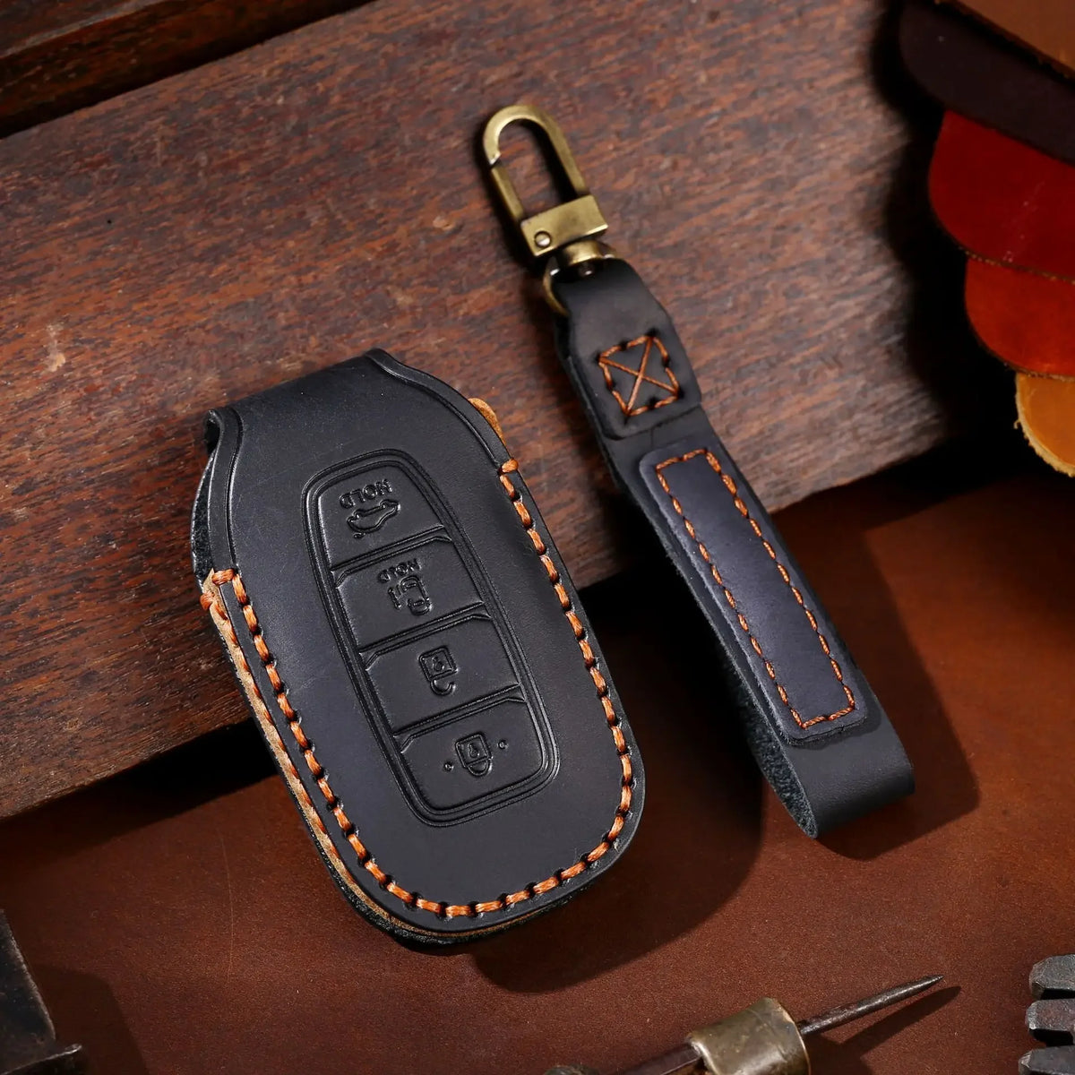 Leather car key fob cover case for Hyundai i30 Kona Elantra Santa Fe, black/blue/brown