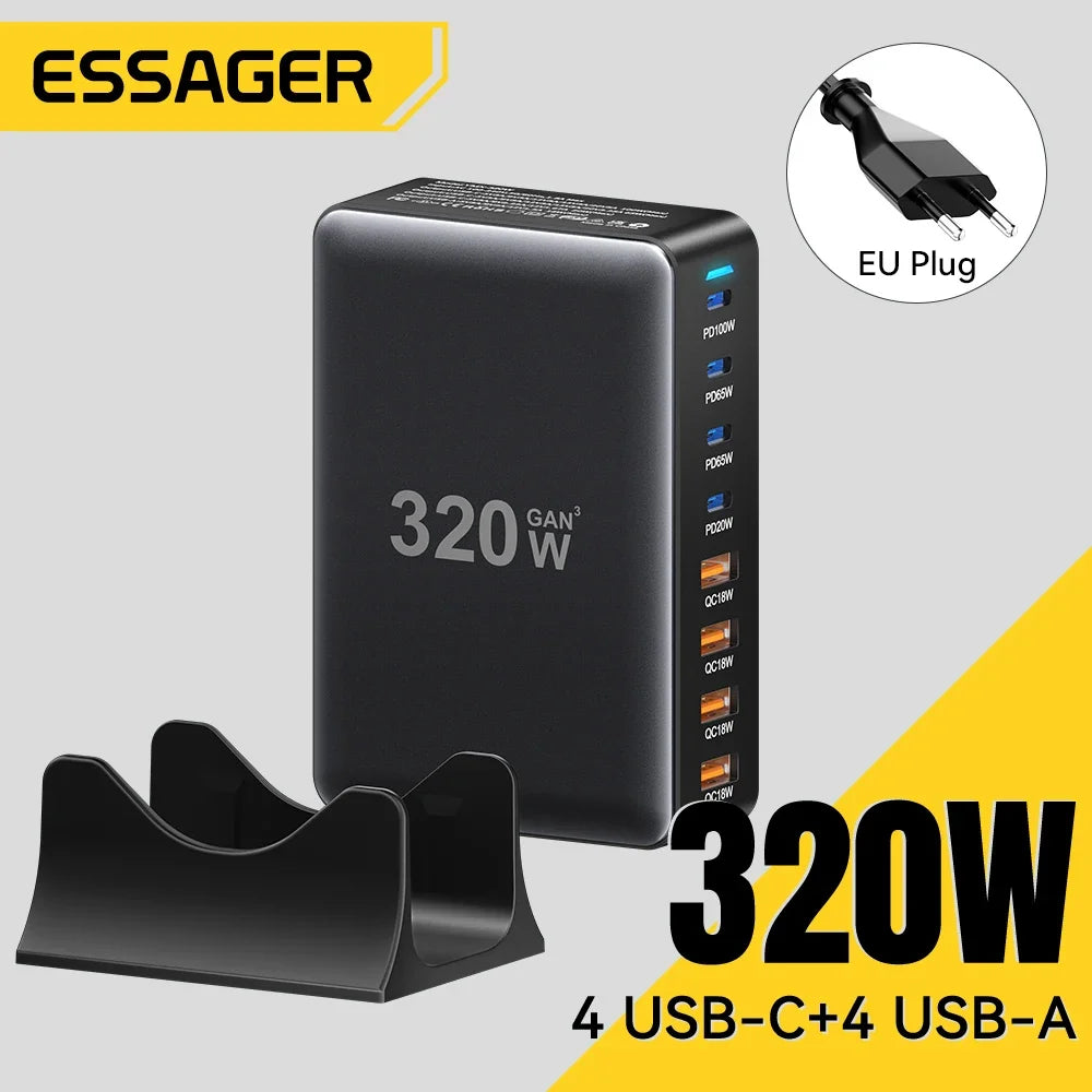 Essager 320W GaN Charger 8Port USB Type C Desktop Charging Station PD 100W Fast Charging For iPhone 17 16 15 iPad MacBook Laptop