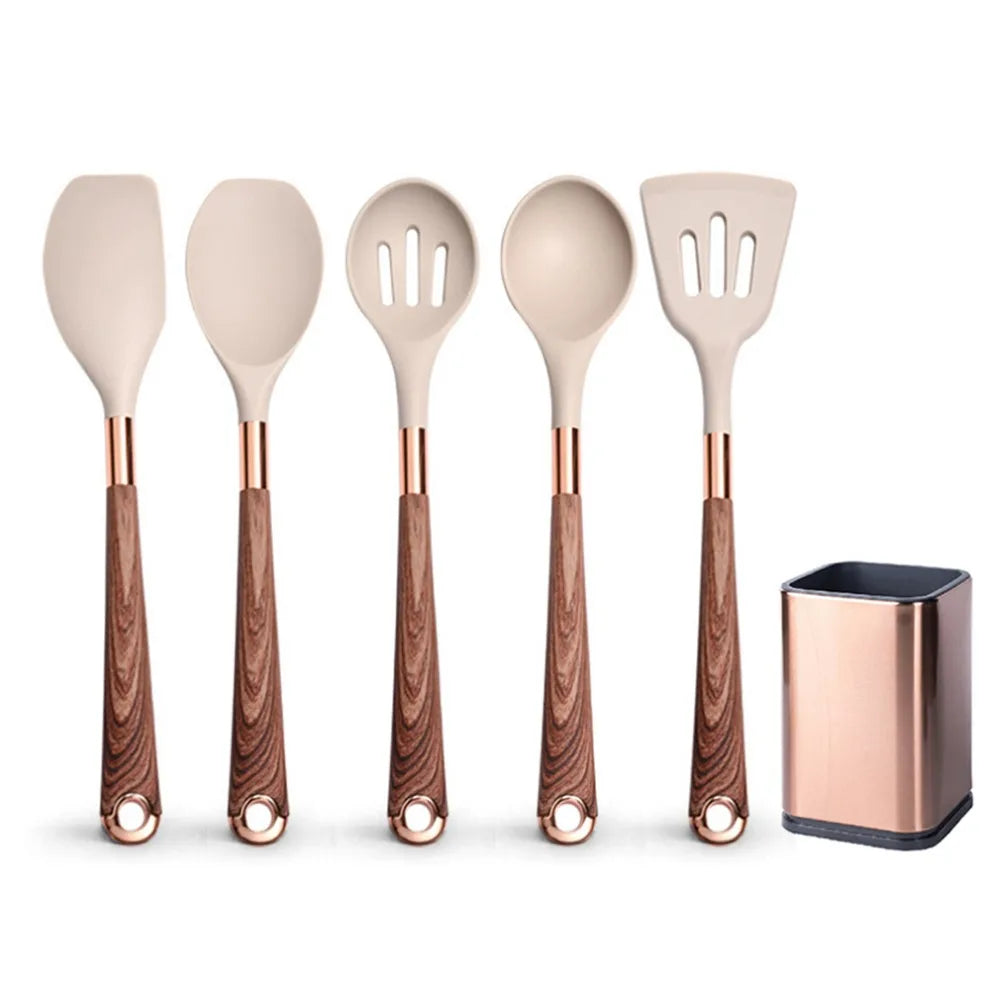 Silicone cooking utensils set with holder bucket, nonstick safe heat resistant, beige/black