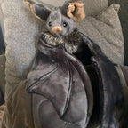 Vivid Stuffed Bat Doll Plush Throw Pillow with Realistic Foldable Wing Seat Cushion Halloween Xmas Ornament Bat Dolls Decor