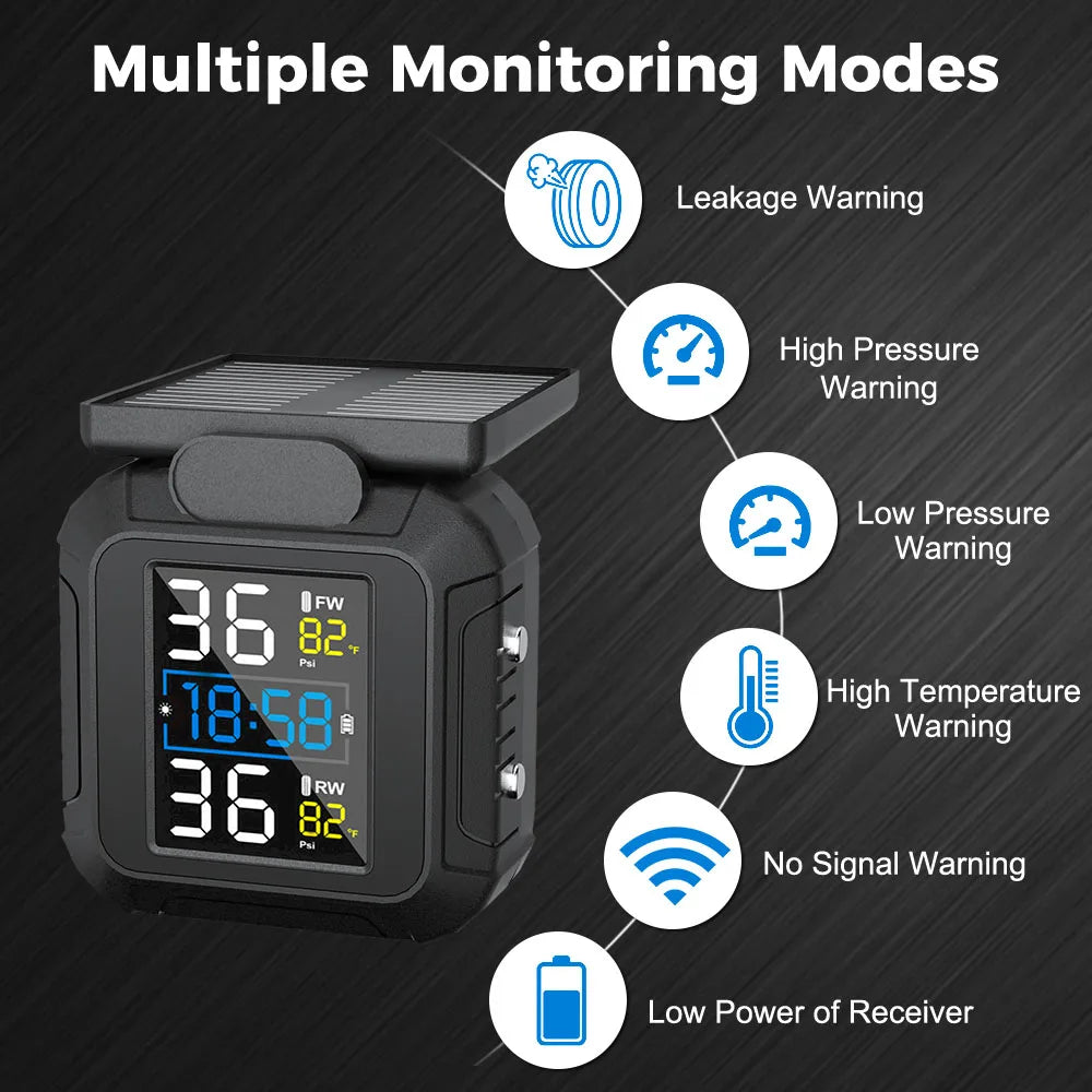 Solar TPMS Tire Pressure Monitoring System w/ Temperature Alarm, 2 External Sensors, Motorcycle