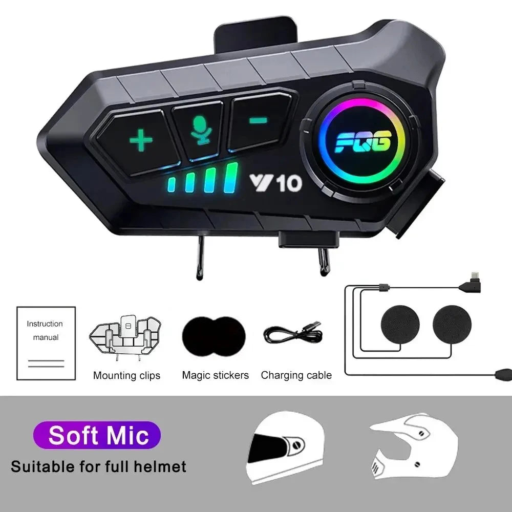 Y10 Motorcycle Helmet Headset Stereo Voice Control Bluetooth Hands Free Call IPX7 Waterproof 2000mAh With Ambient Light
