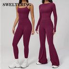 2PCS Women Tracksuits Yoga Suit Sport Outfits Gym Clothes Breathable Long Sleeve Flared Pants Athletic Wear Female Yoga Clothing